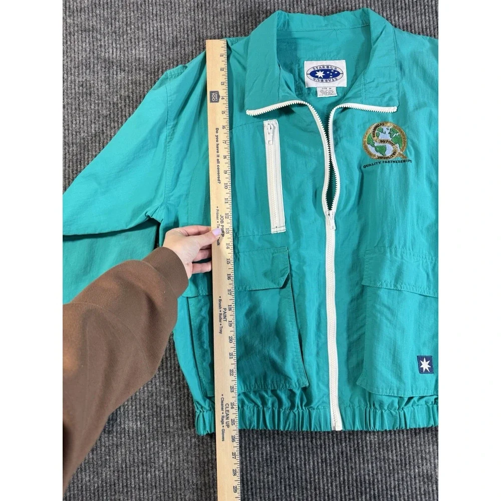 Vintage Starbus Men's Teal Windbreaker Jacket Embroidered Collared Zip-Up Size M